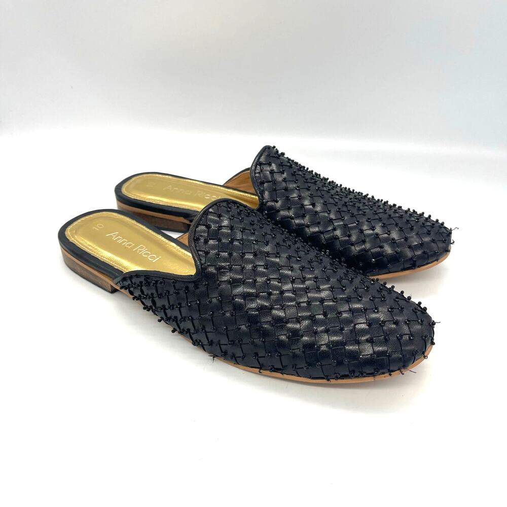 Anna Ricci Black Beaded Woven Women's Mules Size 10